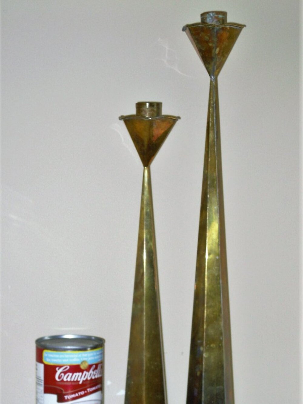 2 Vintage MCM Mid-Century Mexico Modernist Brass Candle Holder Geometric